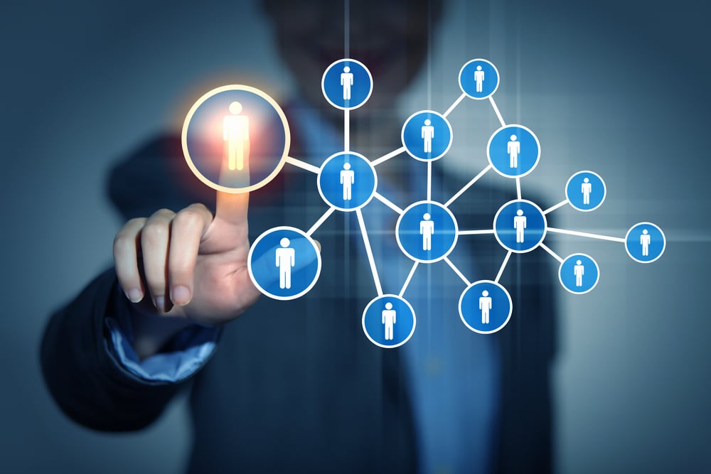 Image of female touching virtual icon of social network Image of female touching virtual icon of social network